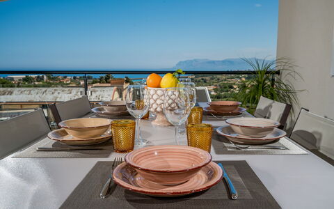 Attico Sea View: Tableware, Furniture, Table, Kitchen & Dining Room Table, Serveware, Dishware, Interior Design, Chair, Porcelain, Dining Room