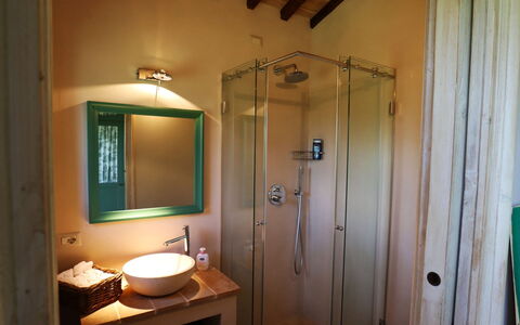 Podere i Poggi: Interior Design, Bathroom Sink, Plumbing Fixture, Floor, Wood, Flooring, Bathroom, Ceiling, Lighting, Furniture