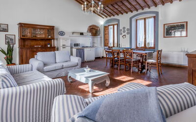 Pinolo Apartment with Pool, Casole D'Elsa: Furniture, Interior Design, Home, Table, Flooring, Chair, Room, Apartment, Living Room, Ceiling
