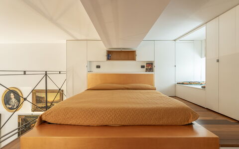 Portello Square Lux Apartment Genova: Interior Design, Flooring, Furniture, Bed, Bedroom, Floor, Wood, Bed Sheet, Ceiling, Lighting