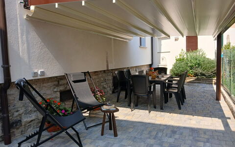 Irene: Awning, Flowerpot, Shade, Outdoor Structure, Houseplant, Patio, Wood Stain, Pergola, Outdoor Furniture, Courtyard