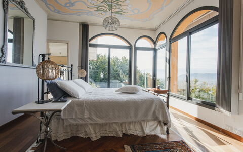 Villa Vernazza: Furniture, Bed, Interior Design, Bedroom, Bedding, Bed Sheet, Linens, Floor, Lighting, Bed Frame