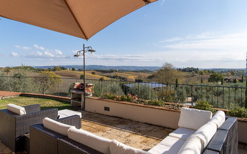 Villa L'elsa Beautiful Country Home With View: Furniture, Chair, Table, Outdoor Furniture, Shade, Outdoor Table, Eco Hotel, Kitchen & Dining Room Table, Patio, Balcony