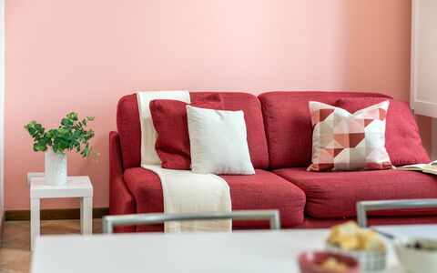 Movie Suite Jesi: Red, Furniture, Pink, Interior Design, Room, Throw Pillow, Cushion, Pillow, Living Room, Paint