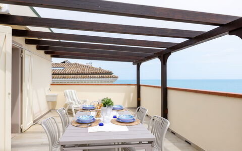 La Terrazza Sul Conero: Furniture, Interior Design, Outdoor Furniture, Floor, Ceiling, Shade, Chair, Outdoor Structure, Balcony, Resort