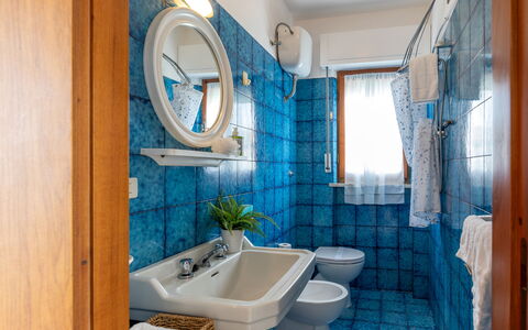La Terrazza Sul Conero: Blue, Interior Design, Flooring, Floor, Plumbing Fixture, Room, Tile, Sink, Tap, Bathroom