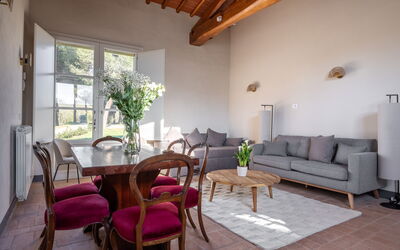 Relais Badia a Passignano - Cottage Brunello: Furniture, Interior Design, Flooring, Wood, Floor, Couch, Chair, Living Room, Table, Room