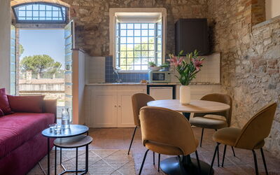 Relais Badia a Passignano - Appartamento Pinot Gri: Furniture, Wall, Interior Design, Table, Chair, Flooring, Floor, Living Room, Kitchen & Dining Room Table, Room