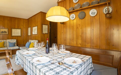 Bormio 16: Wood, Interior Design, Furniture, Flooring, Floor, Room, Wood Stain, Kitchen & Dining Room Table, Ceiling, Dining Room
