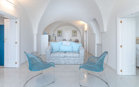 Villa Augusta Vista Mare: Blue, Furniture, Interior Design, Couch, Flooring, Floor, Living Room, Chair, Table, Room