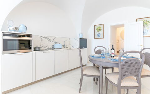 Villa Augusta Vista Mare: Interior Design, Furniture, Flooring, Floor, Room, Apartment, Chair, Cabinetry, Kitchen & Dining Room Table, Kitchen