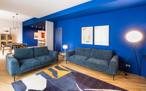 Il Monumento: Furniture, Blue, Interior Design, Couch, Flooring, Floor, Living Room, Home, Apartment
