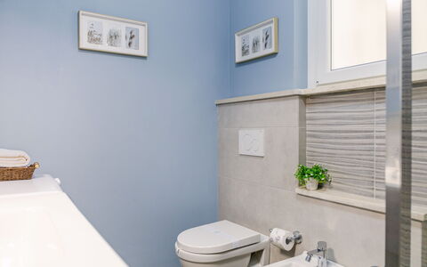 Altamarea Apartment: Blue, Bathroom, Plumbing Fixture, Flooring, Toilet Seat, Toilet, Interior Design, Floor, Plumbing, Tap