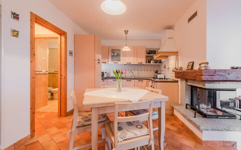 Terme di Comano 104: Interior Design, Flooring, Ceiling, Floor, Furniture, Room, Apartment, Chair, Kitchen & Dining Room Table, Living Room
