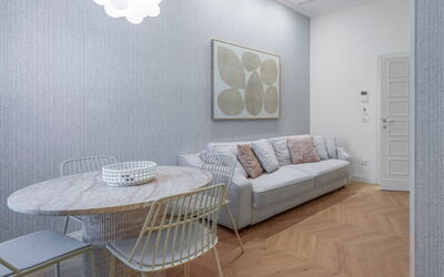 Deservi Elegant Apt. Dante: Furniture, Interior Design, Flooring, Floor, Wood, Ceiling, Home, Living Room, Room, Wood Flooring