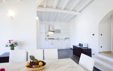 Villa Leccio 2: Flooring, Interior Design, Floor, Ceiling, Apartment, Furniture, Room, Chair, Kitchen & Dining Room Table