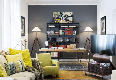 Penthouse: Furniture, Interior Design, Wall, Flooring, Home, Living Room, Room, Floor, Bookcase, Shelving