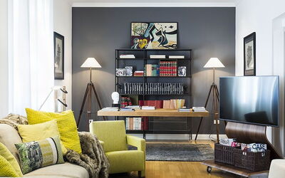 Penthouse: Furniture, Interior Design, Wall, Flooring, Home, Living Room, Room, Floor, Bookcase, Shelving