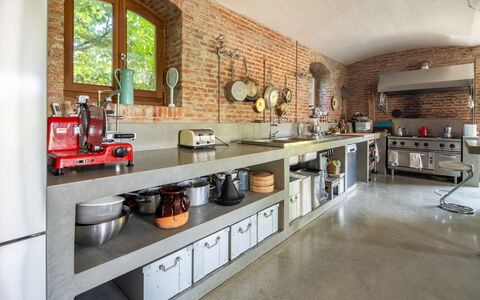 Villa Poggio Zucchino, Pool, Wellness, Piacenza: Kitchen, Furniture, Interior Design, Kitchen Appliance, Countertop, Flooring, Light Fixture, Ceiling, Lighting, Cabinetry