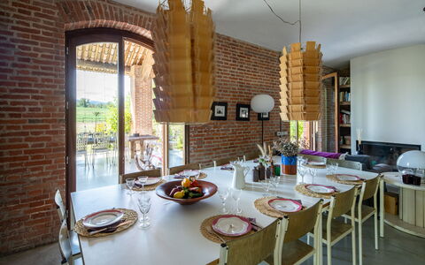 Villa Poggio Zucchino, Pool, Wellness, Piacenza: Furniture, Wood, Chair, Table, Interior Design, Dining Room, Kitchen & Dining Room Table, Flooring, Brick, Restaurant
