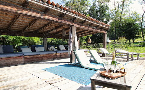 Villa Poggio Zucchino, Pool, Wellness, Piacenza: Furniture, Wood, Outdoor Furniture, Hardwood, Outdoor Table, Shade, Chair, Deck, Porch, Outdoor Structure