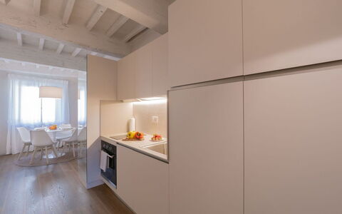 Guelfa 60: Flooring, Interior Design, Wood, Floor, Ceiling, Kitchen, Room, Countertop, Kitchen Appliance, Major Appliance
