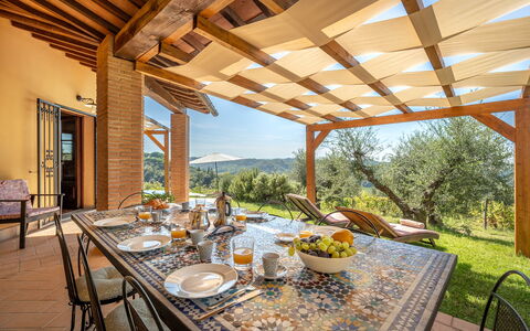 Villa Costa al Bagno: Furniture, Chair, Eco Hotel, Kitchen & Dining Room Table, Resort, Shade, Garden, Landscaping, Farmhouse, Outdoor Structure