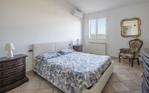 Villa Caroline, Private Pool and Seaview: Bed, Bedroom, Bed Sheet, Bedding, Furniture, Floor, Interior Design, Flooring, Linens, Room