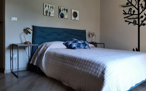 Villa Pietra With Pool On Piemonte Hills: Furniture, Bed, Bedding, Bedroom, Interior Design, Bed Sheet, Flooring, Wall, Floor, Wood