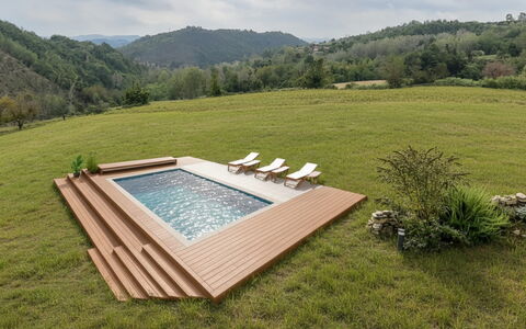 Villa Pietra With Pool On Piemonte Hills: Wood, Swimming Pool, Leisure, Hardwood, Garden, Wood Flooring, Wood Stain, Eco Hotel, Deck, Landscaping