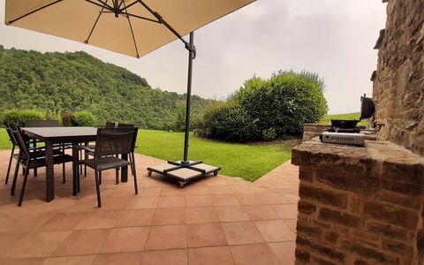 Villa Pietra With Pool On Piemonte Hills: Furniture, Outdoor Furniture, Chair, Table, Outdoor Table, Shade, Umbrella, Garden, Patio, Backyard