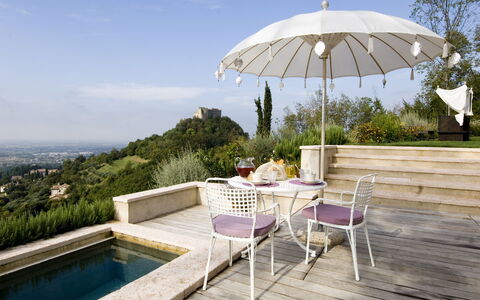 Asolina Villa: Furniture, Umbrella, Outdoor Furniture, Chair, Table, Outdoor Table, Shade, Patio, Garden, Kitchen & Dining Room Table