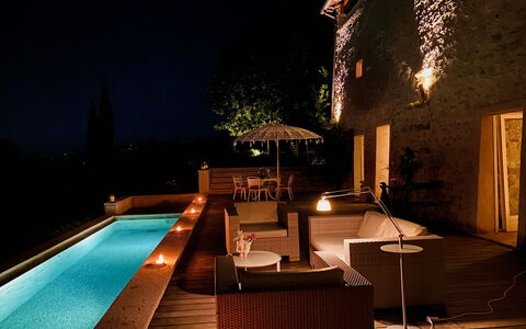 Asolina Villa: Swimming Pool, Furniture, Resort, Outdoor Furniture, Lighting, Landscape Lighting, Eco Hotel, Chair, Night, Dusk