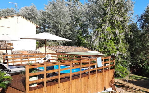 Podere la Botte, Pool, Lari: Wood, Wood Stain, Shade, Hardwood, Outdoor Structure, Resort, Swimming Pool, Backyard, Lumber, Fence