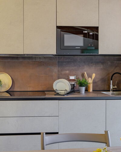 Zena Apartment: Countertop, Kitchen, Furniture, Kitchen Appliance, Cabinetry, Interior Design, Flooring, Wood, Home, Home Appliance