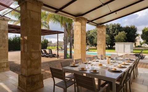 Apulia Retreat: Furniture, Outdoor Furniture, Shade, Chair, Outdoor Structure, Patio, Landscaping, Resort, Garden, Outdoor Table