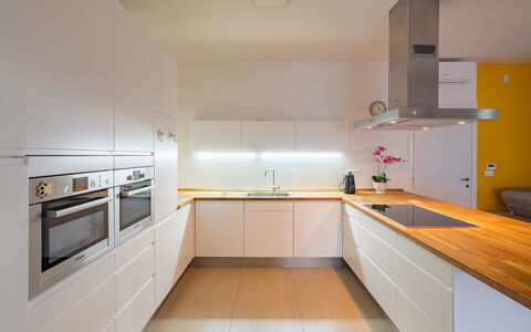 Apulia Retreat: Kitchen, Countertop, Kitchen Appliance, Interior Design, Flooring, Wood, Cabinetry, Ceiling, Major Appliance, Floor