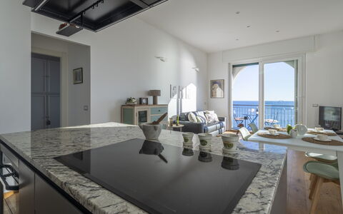 La Casa di Martina, Amazing Seaview: Sea, Kitchen, Coastal And Oceanic Landforms, Coast, Ocean, Countertop, Chair, Bay, Cabinetry