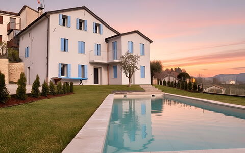 Villa Dolce Bacio, Pool and Spa, Valdobbiadene: Blue, Swimming Pool, Home, Residential Area, House, Estate, Villa, Balcony, Leisure, Lawn