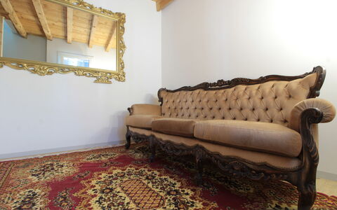 Villa Valdobbiadene Pool Spa: Furniture, Interior Design, Couch, Flooring, Floor, Room, Living Room, Picture Frame, Wood Flooring