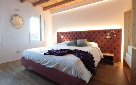 Villa Dolce Bacio, Pool and Spa, Valdobbiadene: Furniture, Bed, Interior Design, Bedroom, Wall, Wood, Bedding, Bed Sheet, Floor, Flooring
