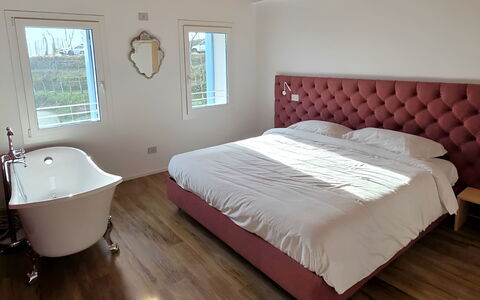 Villa Dolce Bacio, Pool and Spa, Valdobbiadene: Furniture, Wood, Floor, Interior Design, Bed, Flooring, Bedroom, Bed Sheet, Bedding, Lighting