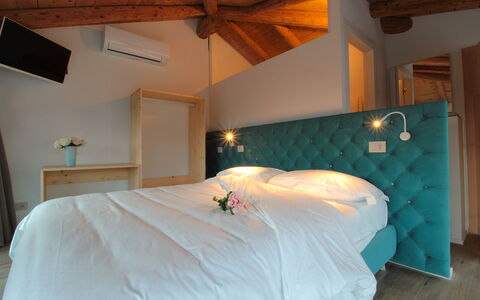 Villa Dolce Bacio, Pool and Spa, Valdobbiadene: Interior Design, Furniture, Bedroom, Wood, Bed, Ceiling, Bed Sheet, Floor, Flooring, Bedding