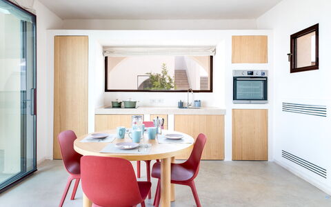 Terracorte Villa: Furniture, Interior Design, Wood, Flooring, Kitchen, Room, Floor, Table, Chair, Home