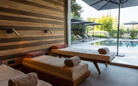 Villa Bocchi: Wood, Furniture, Swimming Pool, Flooring, Outdoor Furniture, Floor, Interior Design, Composite Material, Resort, Wood Stain