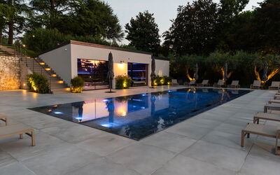 Villa Bocchi: Swimming Pool, Water Feature, Garden, Composite Material, Courtyard, Flowerpot, Shade, Resort, Landscaping, Patio