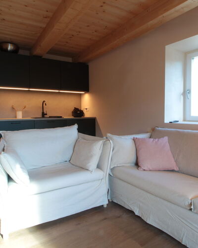 Casa Tomà Mountain View Cortina: Furniture, Flooring, Interior Design, Floor, Couch, Wood, Room, Wood Flooring, Living Room, Table