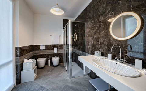 Angela Villa: Interior Design, Flooring, Bathroom, Plumbing Fixture, Floor, Bathroom Sink, Ceiling, Tap, Sink, Lighting