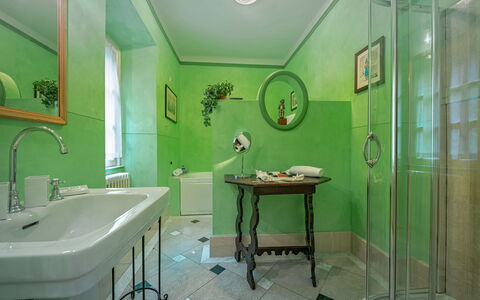 Camilla Villa: Interior Design, Green, Wall, Flooring, Plumbing Fixture, Floor, Bathroom, Lighting, Plumbing, Ceiling