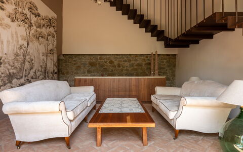 Villa Il Casalino, Florentine Hills with Pool: Furniture, Interior Design, Flooring, Wall, Wood, Floor, Couch, Lighting, Living Room, Brown